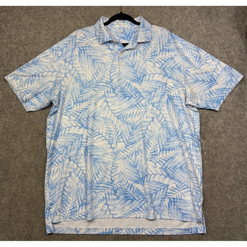 Peter Millar Summer Comfort Polo Mens XL White Blue Palm Leaf Nanea Golf Club